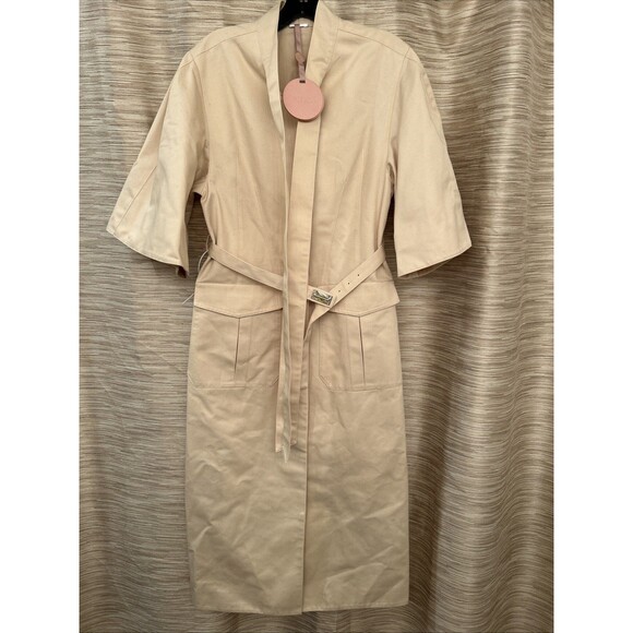 Alexis Coat Dress Collared Long Belted Pockets Short Bell Sleeve Cream SZ M New - Picture 1 of 7